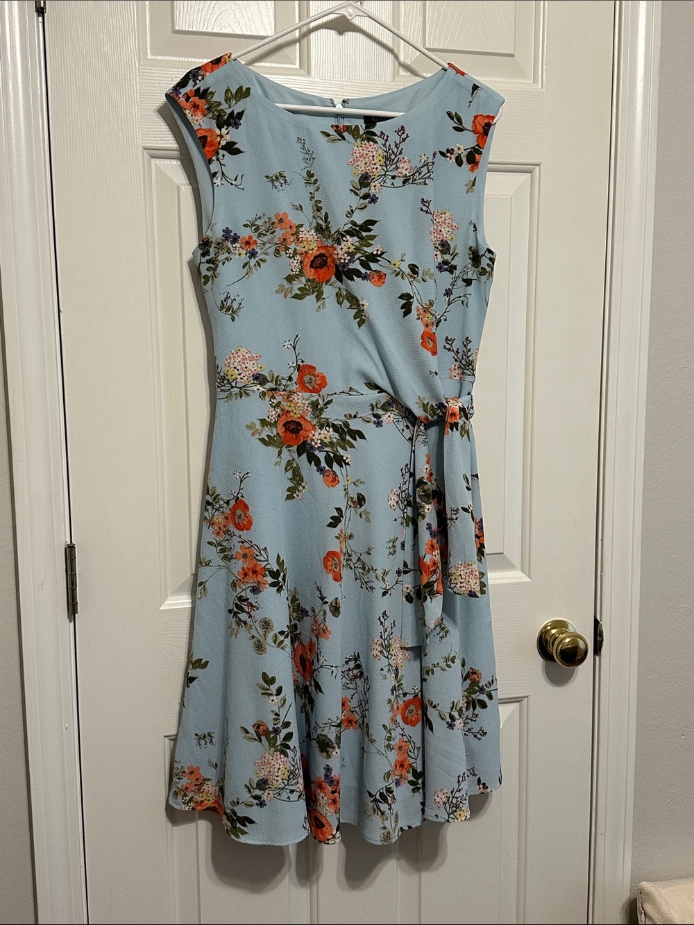 Sky Blue Floral Tie-Waist Midi Dress
